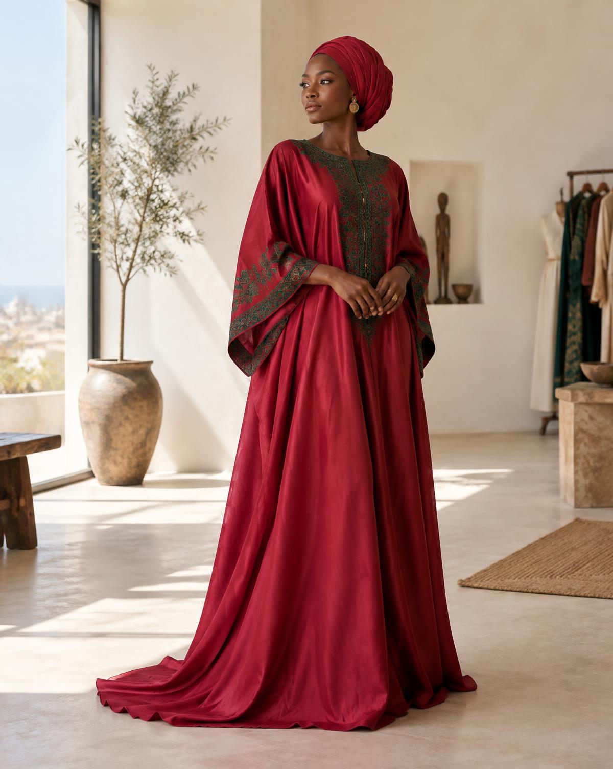 Femme portant une longue tenue framboise brodée de vert, dans un atelier lumineux